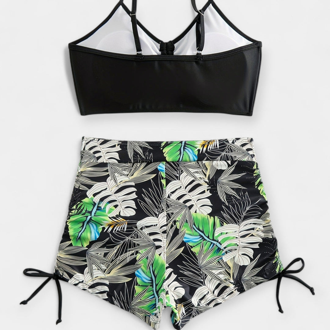 Bikini s vysokým pásom a tropickým vzorom s ramienkami