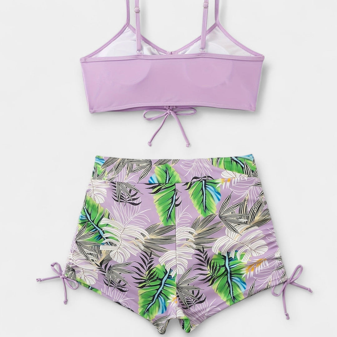 Bikini s vysokým pásom a tropickým vzorom s ramienkami