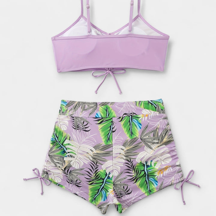 Bikini s vysokým pásom a tropickým vzorom s ramienkami